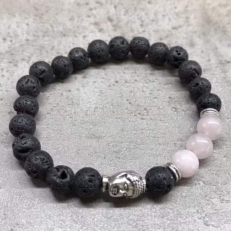 Lavasten armbånd med rosenkvarts og Buddha