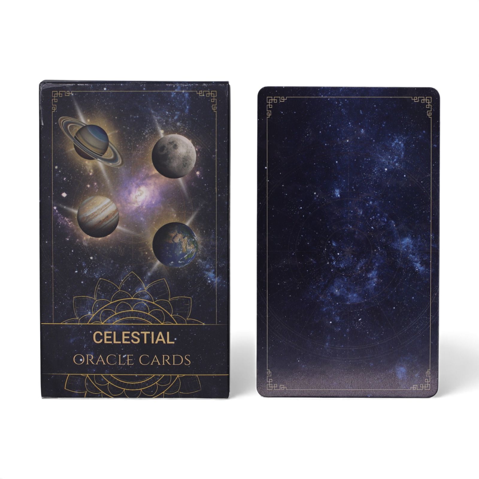 Celestial Energy Atlas orakelkort: æske og kortets stjernemønstrede bagside