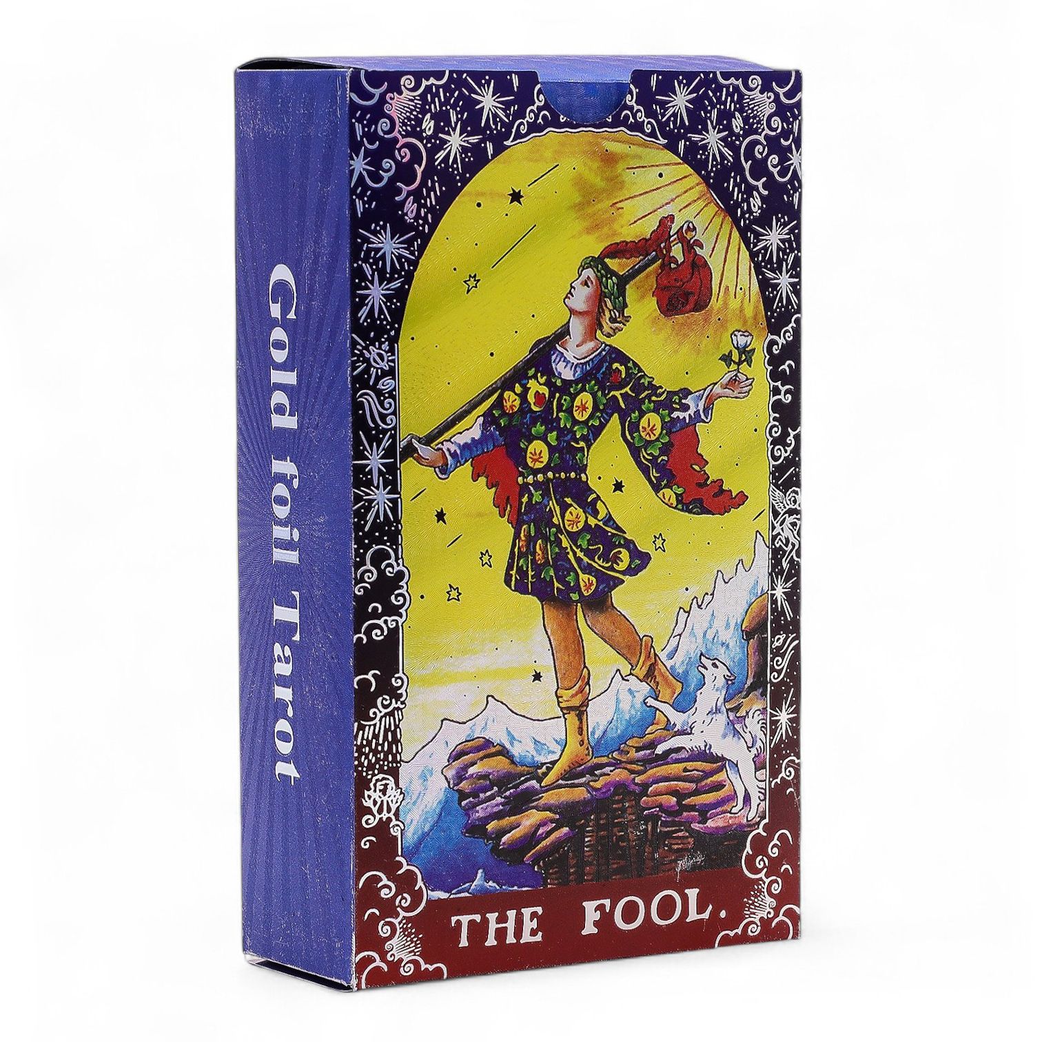Mandala tarotkort med blå folie: æsken med The Fool-motiv
