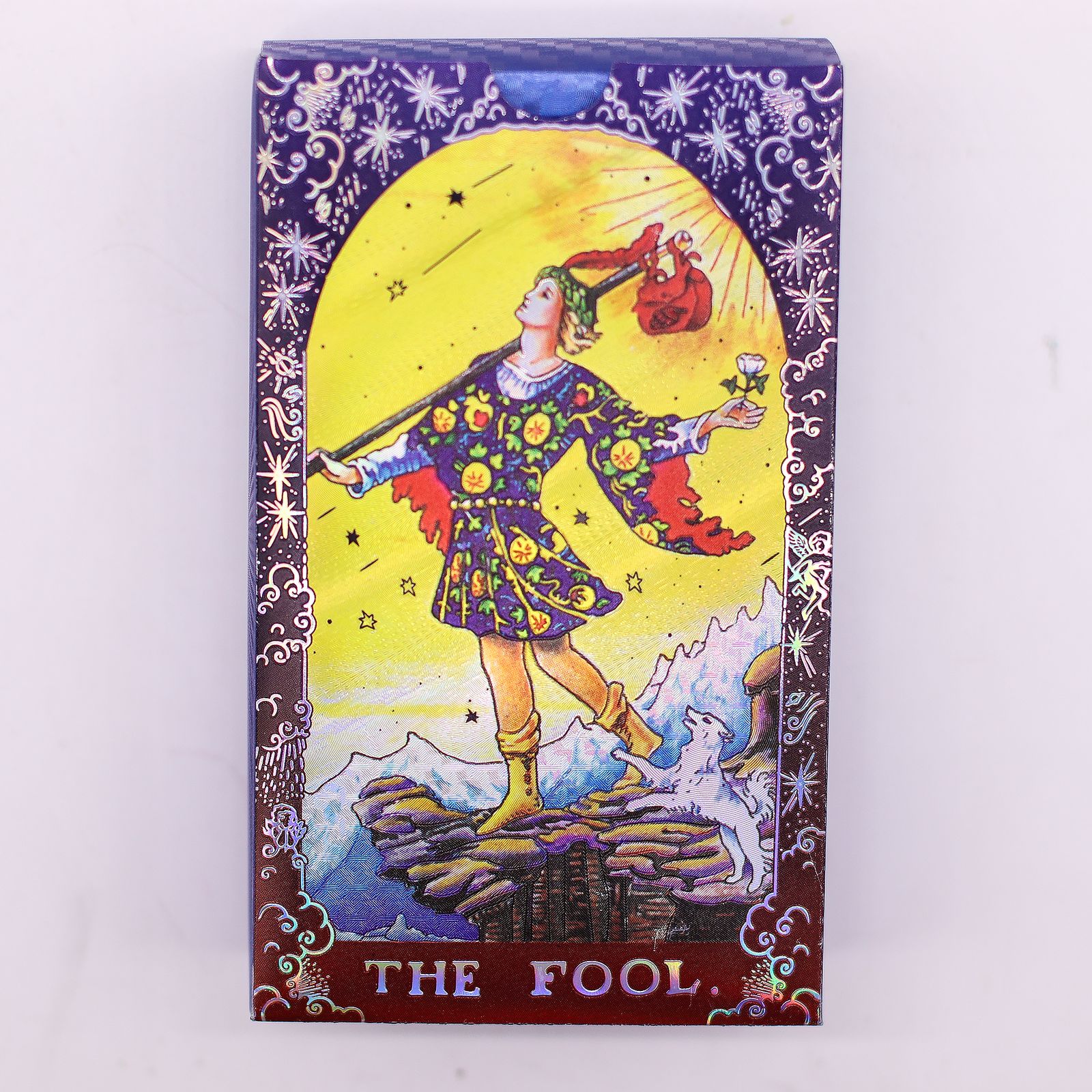 Mandala tarotkort med blå folie: forsiden af æsken set lige forfra
