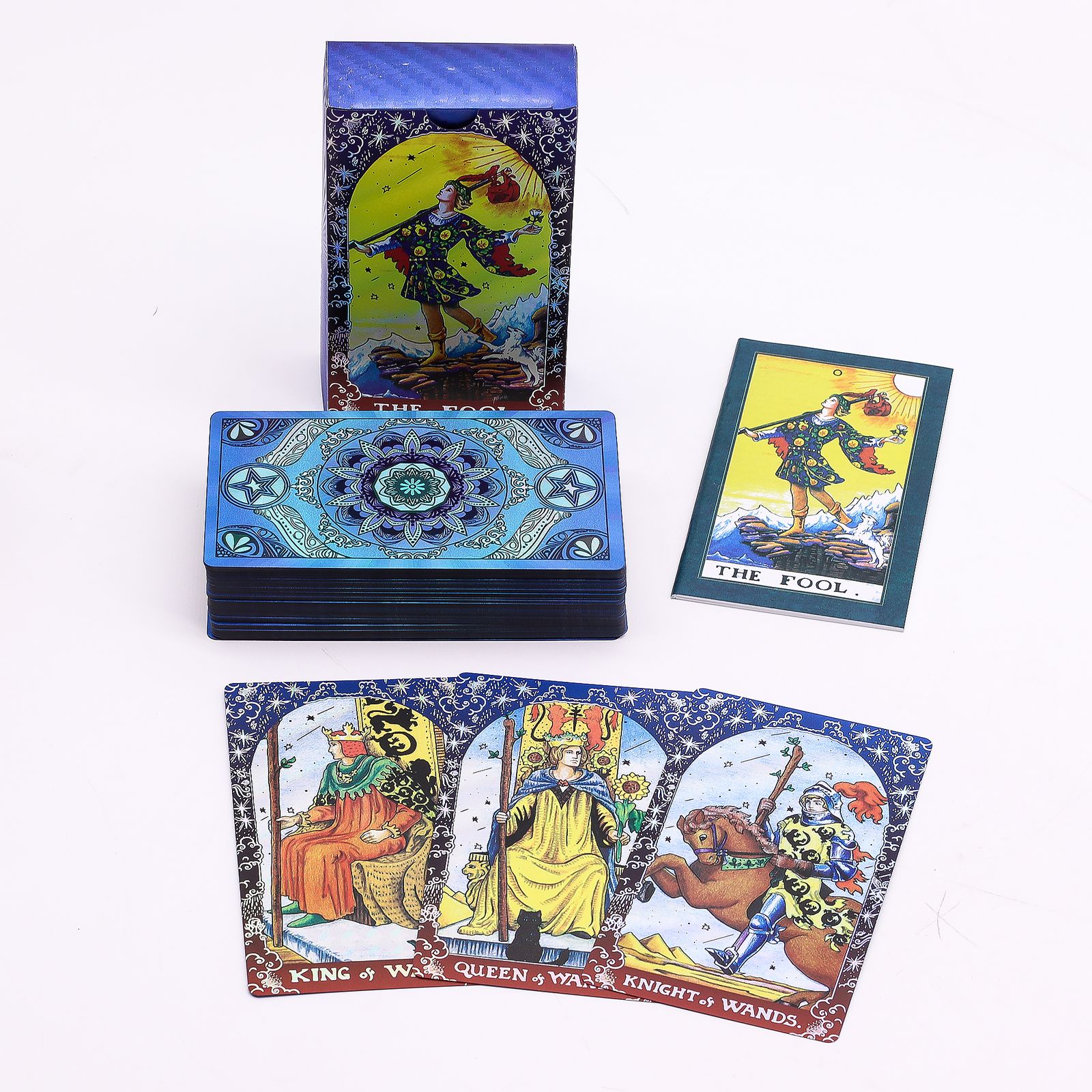 Mandala tarotkort med blå folie: æske og et udvalg af tarotkort